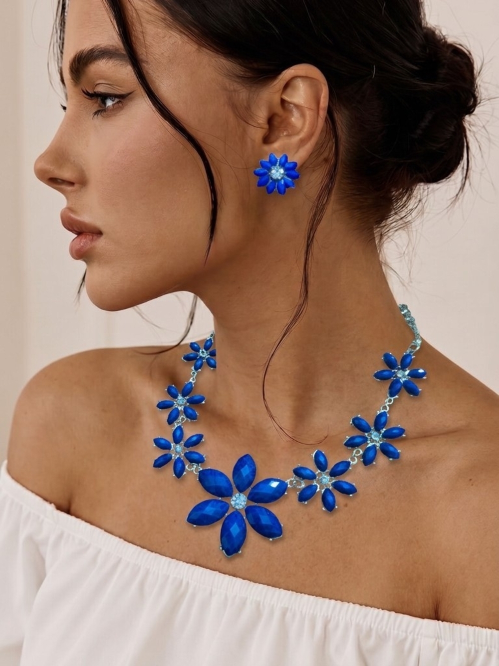 Blue Floral Statement Necklace and Earrings Set